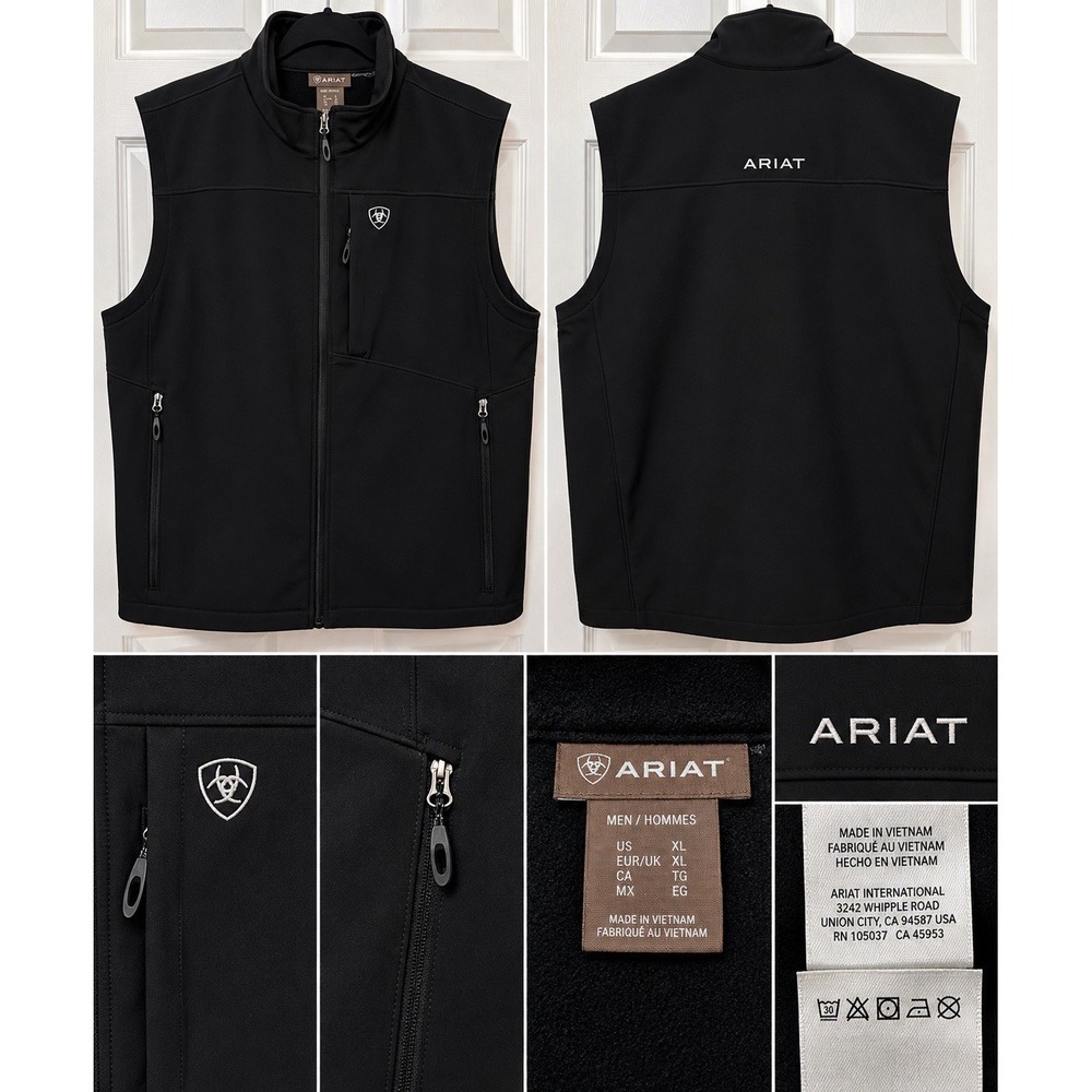 Ariat Mens XL Black Softshell Vest Full Zip Logo Western Workwear Pockets